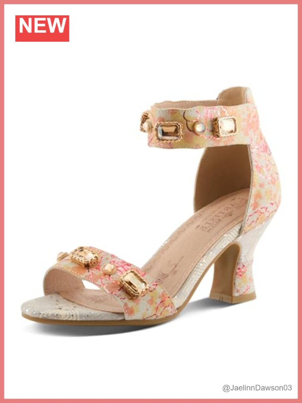Metallic Leather Heeled Sandals Jeweled Ankle Strap Adjustable Hook & Loop